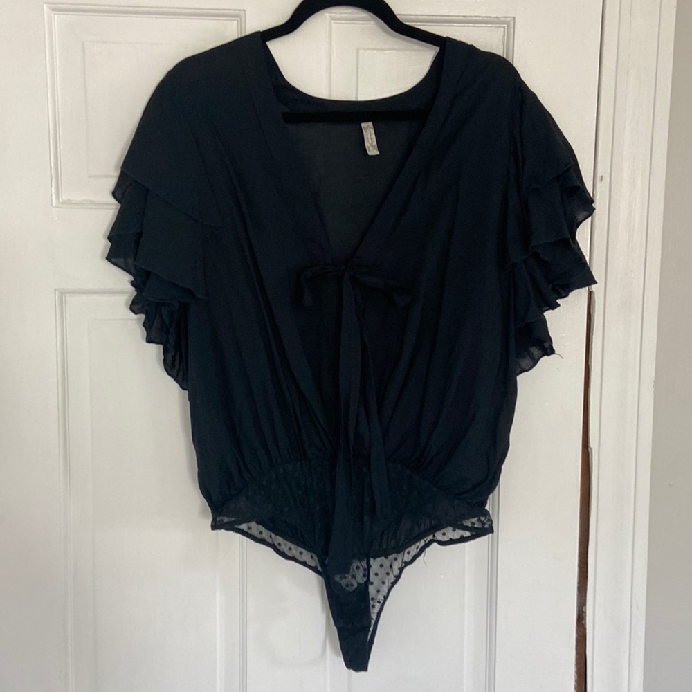Free People Black Ruffle Sleeve Crotch Snap Blouse